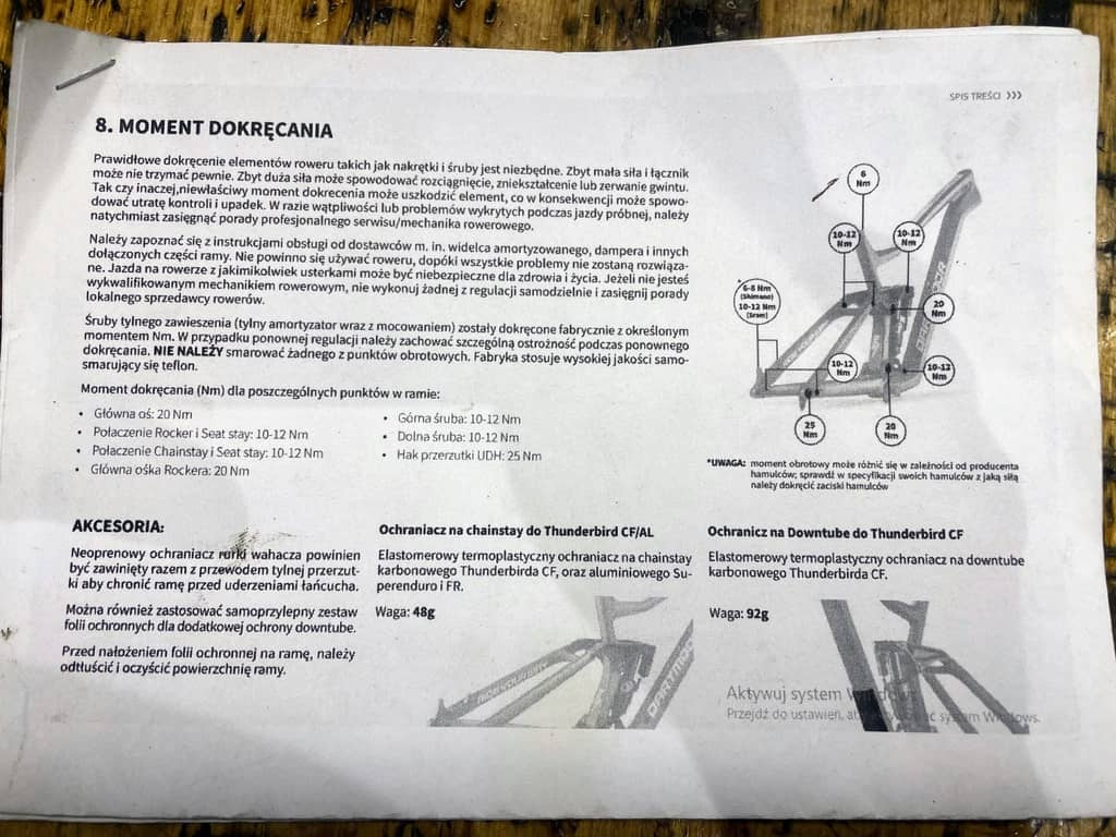 Manual do ram Dartmoora z informacjami o momentach dokręcania.